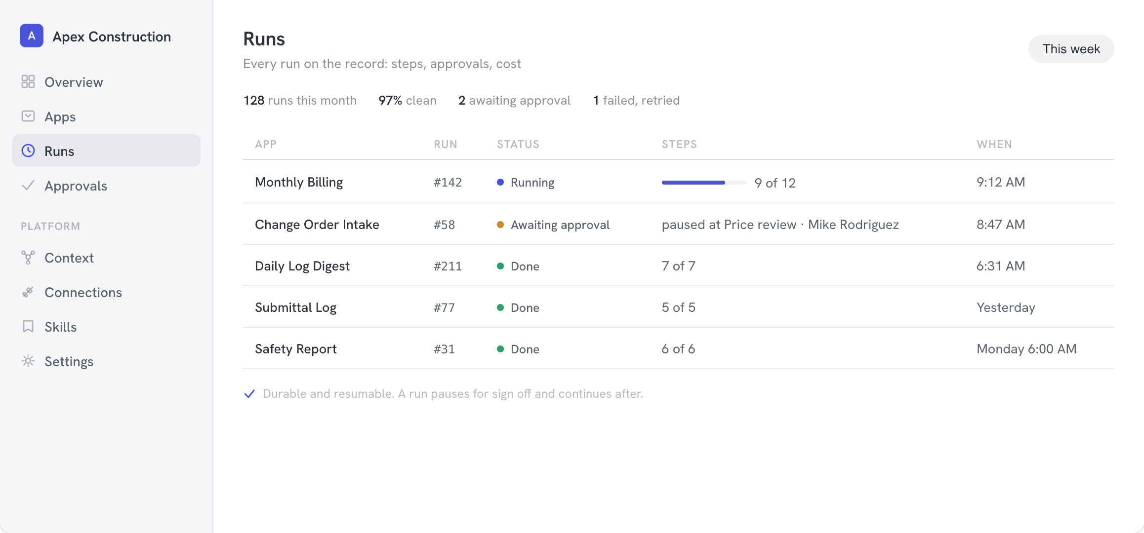 The run log in Agent Base: a running billing cycle, a change order paused for approval, and finished runs with step counts