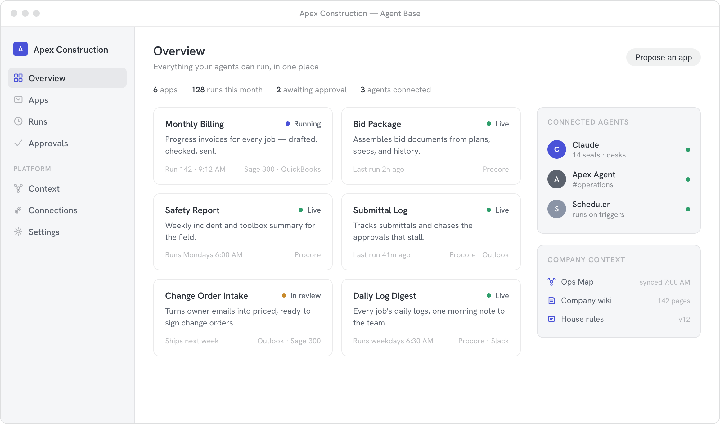 Agent Base: a company's agent apps, connected agents, and context in one console