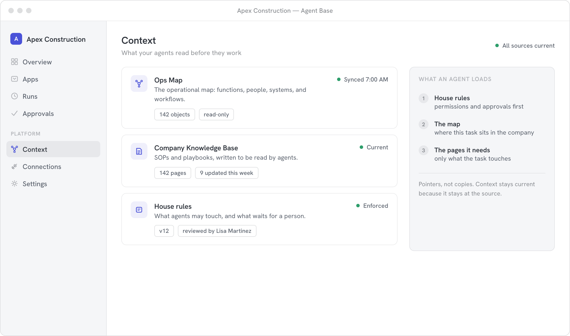 The Context screen in Agent Base: Ops Map, the knowledge base, and house rules, all current