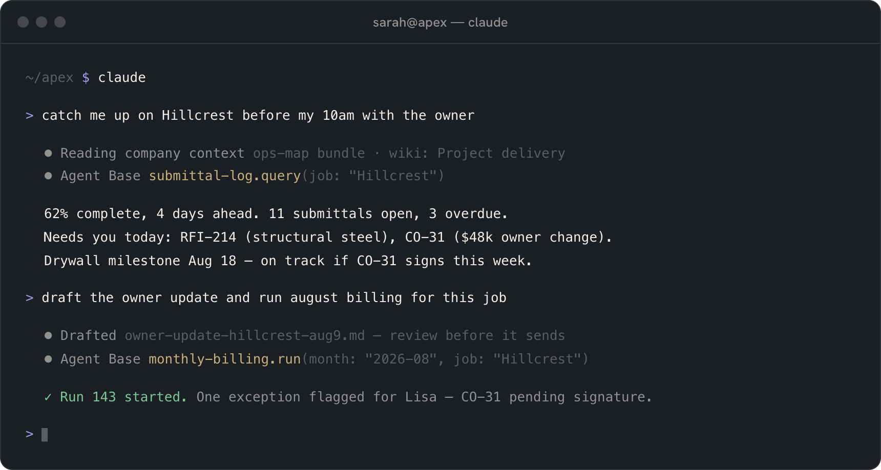 A desk agent doing real work in a terminal