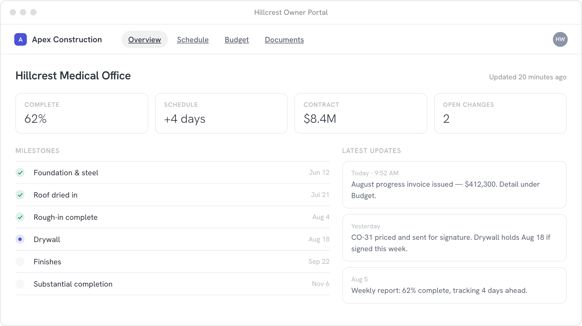 A custom client portal for the Hillcrest job