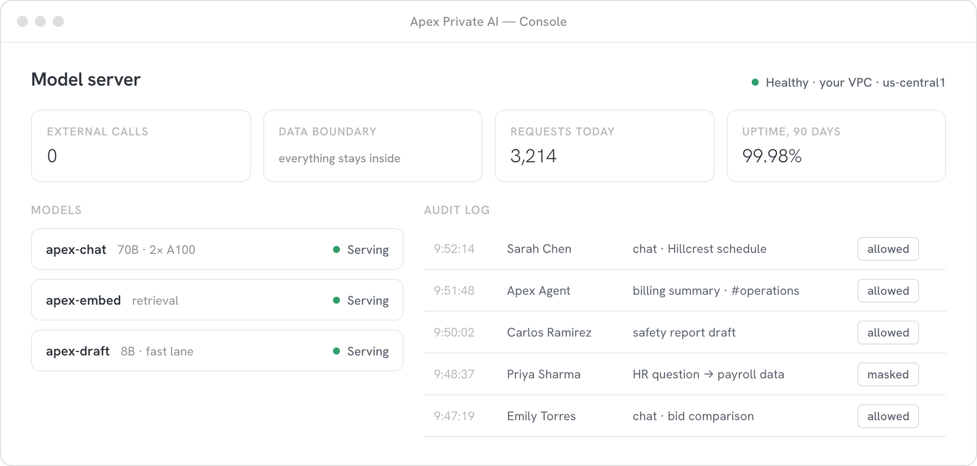 A private model server: zero external calls, three models serving, a full audit log