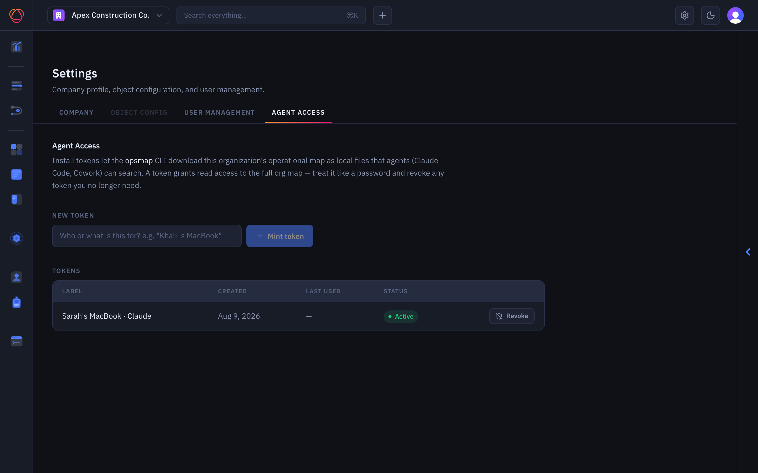 Agent Access settings: an install token for a desk agent, active and revocable