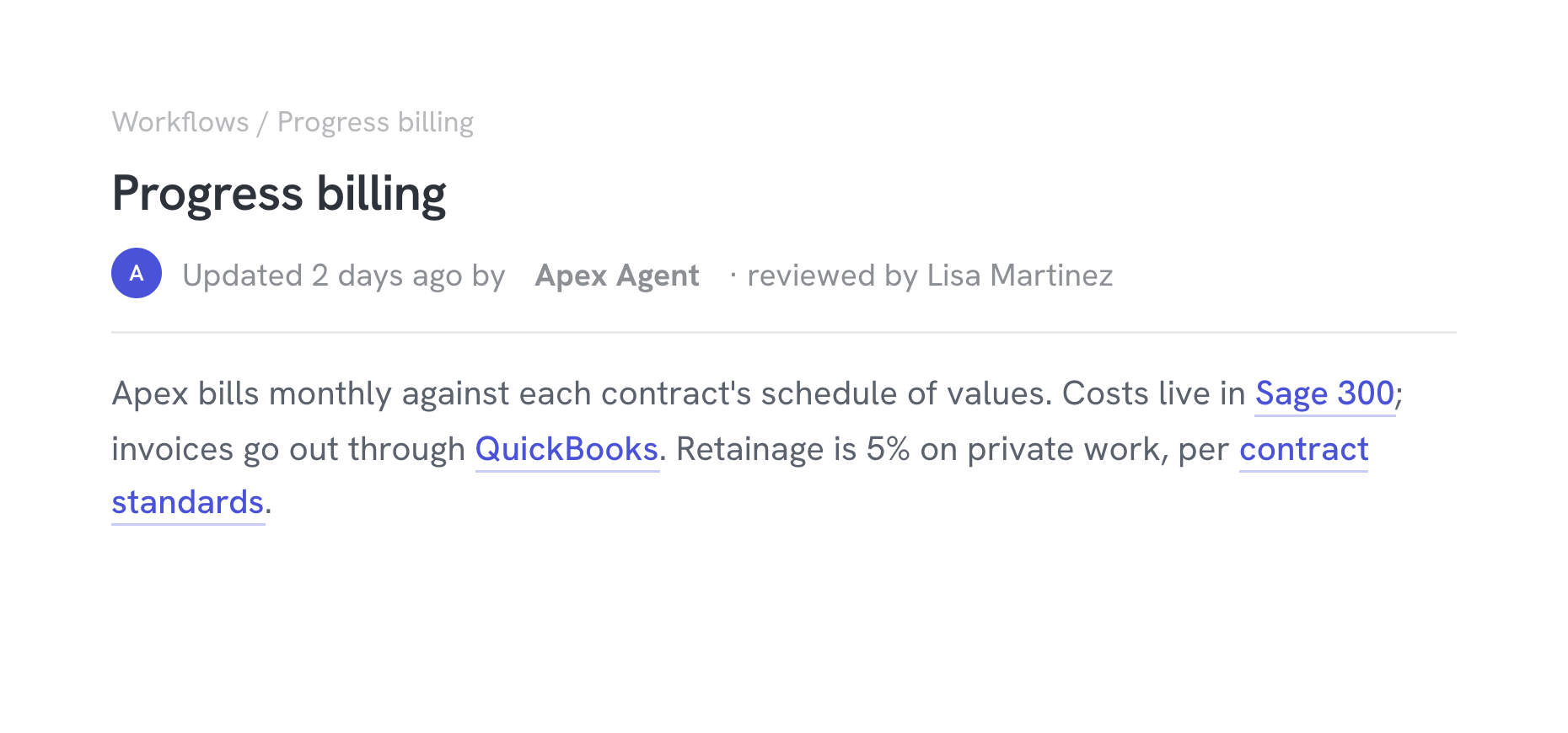 A knowledge base page on progress billing